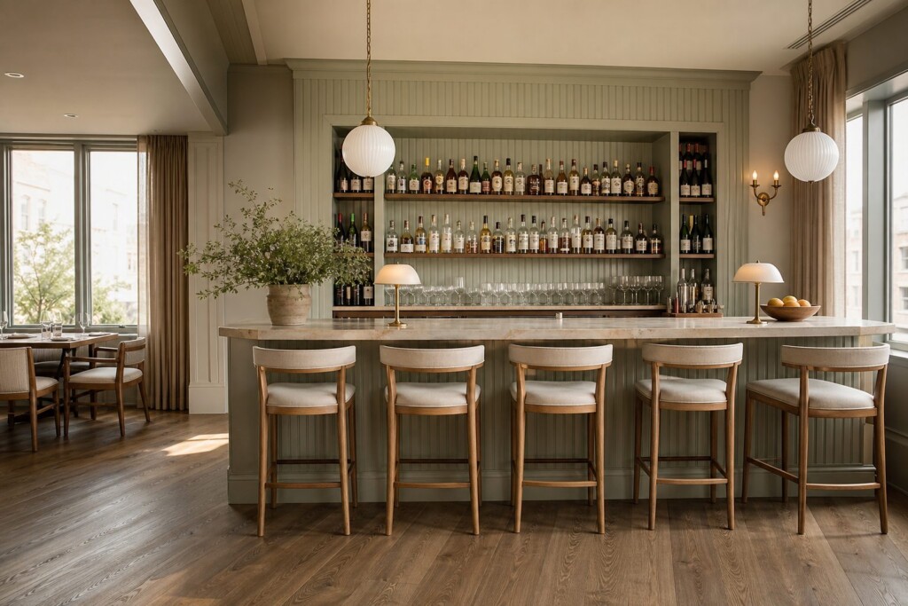 A calm, organized restaurant bar area with stools, bottles, and glassware