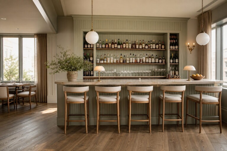 A calm, organized restaurant bar area with stools, bottles, and glassware