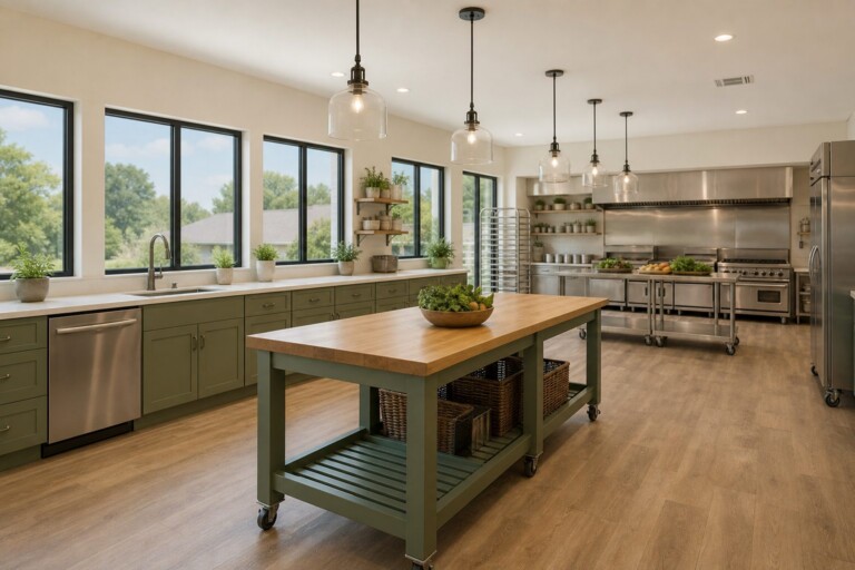A spacious kitchen and food preparation area arranged for catering orders