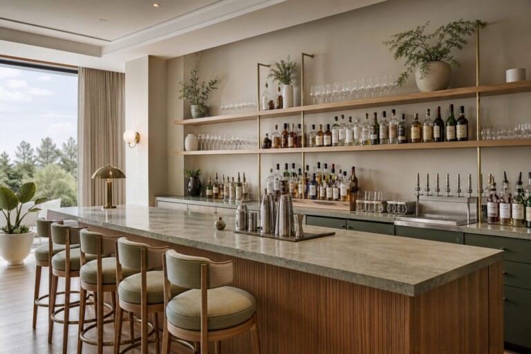 A clean bar counter with cocktail preparation space and glassware displayed