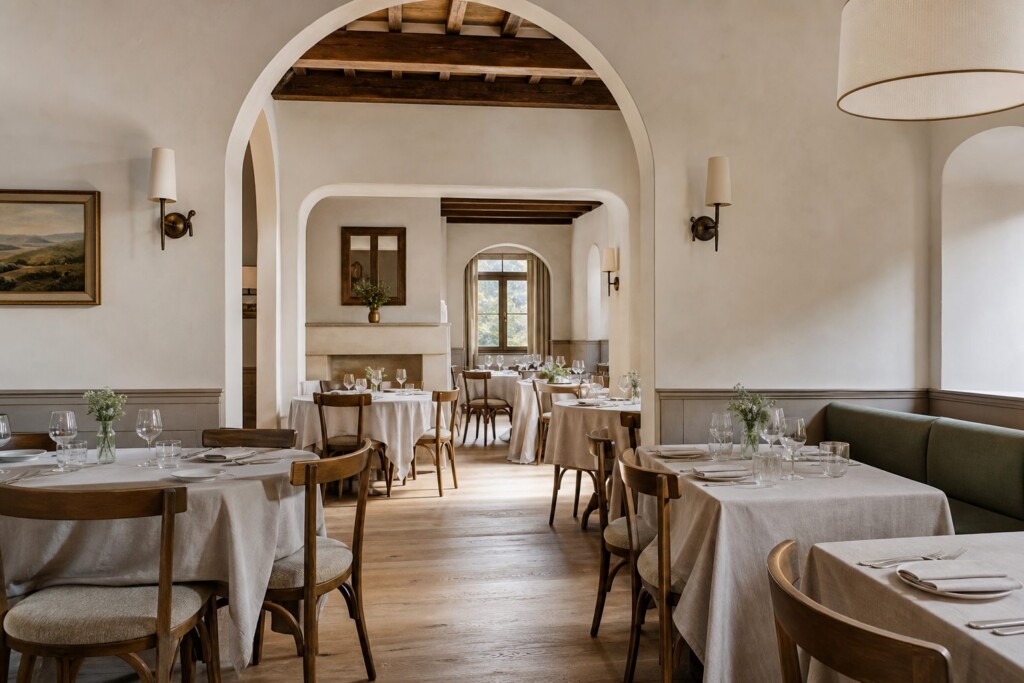 A clean, calm Italian restaurant dining room with neatly set tables and chairs