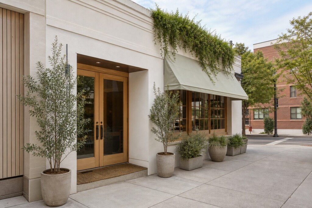 The restaurant exterior at 59 Allen Street, showing entrance and signage, wide and eye-level