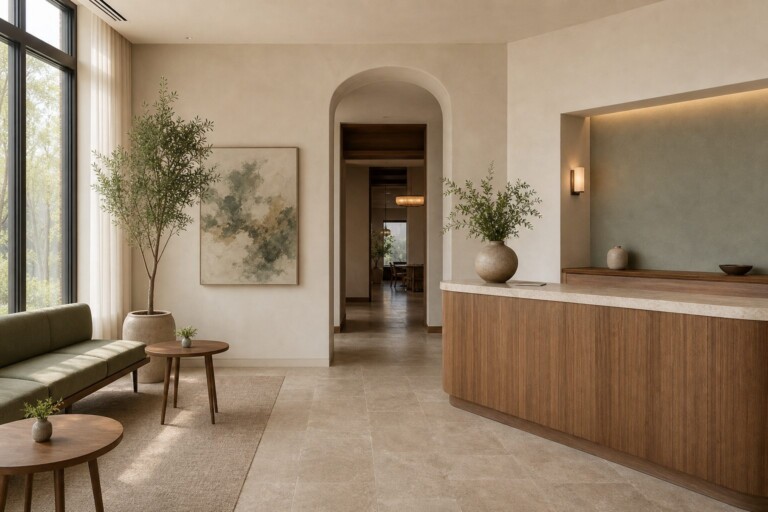 A quiet restaurant reception area with seating and a reservation desk