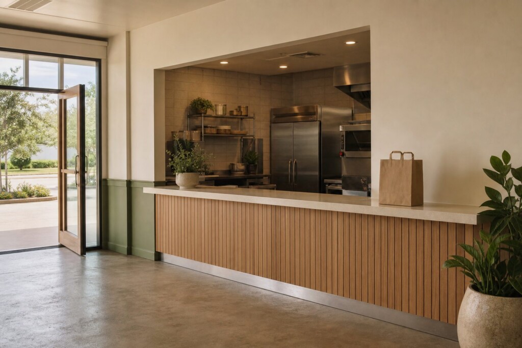 The restaurant counter area arranged for take-out orders, showing clean service space