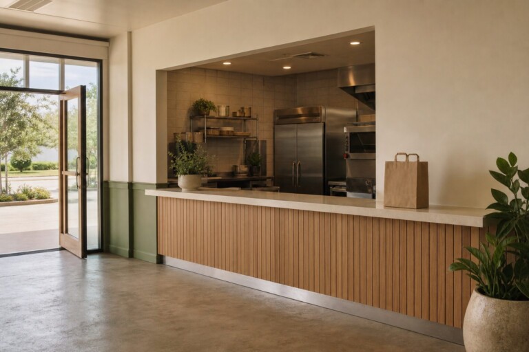 The restaurant counter area arranged for take-out orders, showing clean service space