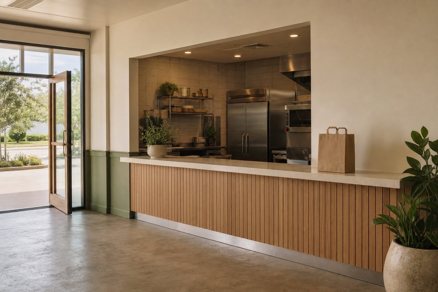 The restaurant counter area arranged for take-out orders, showing clean service space